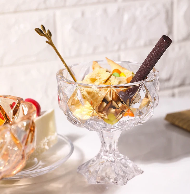 280ml Retro Dessert Glass Ice Cream Cup Vintage Style Amber Goblet Bowl Set of 2