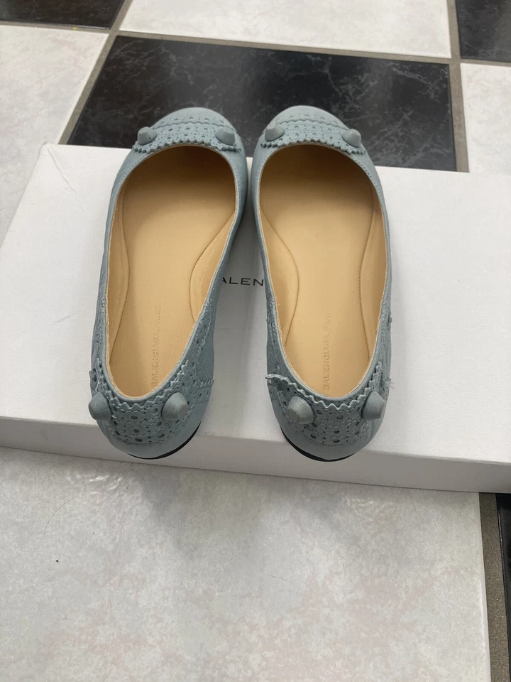 全新带盒 100% 正品 Balenciaga 蓝色皮革竞技场布洛克-三角芭蕾舞鞋平底鞋 36 码 — 第 3/4 张图片
