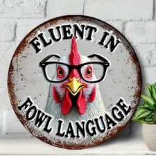 Funny Rooster Tin Metal Signs- Vintage 8"x8" Aluminum Decor with "Fluent in Fow