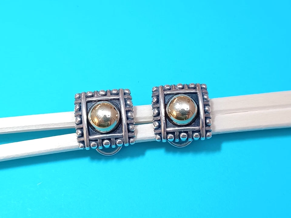 Lagos Caviar Square, Golden ball Earrings, Sterling silver 18k gold, Omega Back - Image 2 of 4