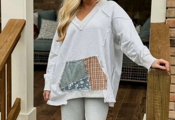 Blue Velvet Patchwork V-Neck Pullover Sweater - B… - image 1