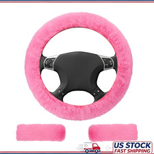 3 Pcs Fluffy Steering Wheel Cover Set 15 Pink Anti-slip Fuzzy Wheecolor Pink