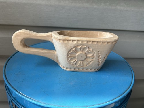 Vintage Floral Polish Hand Carved Wood Folk Art Narrow Cup Long Handle 8"