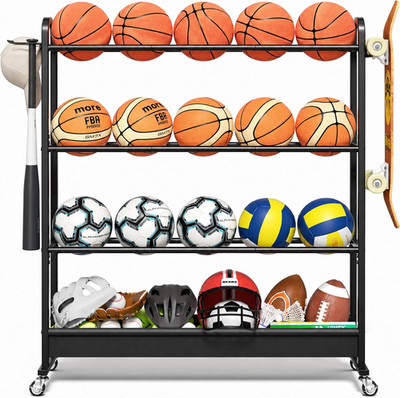 Adjustable Basketball Rack with Wheels, 4-Tier Sports Ball Storage Cart for Bask
