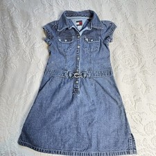 Tommy Hilfiger Denim Blue Jean Dress Girls Sz 5 Buckle Belt Snap Front Logo Y2K