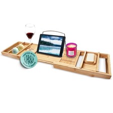 Expandable Bamboo Bath Tray for Tub 43" Wooden Bathtub Caddy with Shelf S...
