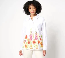 Attitudes by Renee Button Front Shirt w/Border Print-White-Petite Medium A686630