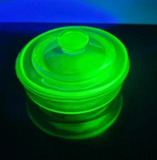 Vintage Uranium Green Glass Powder Jar With Lid 1930s  2" Tall 