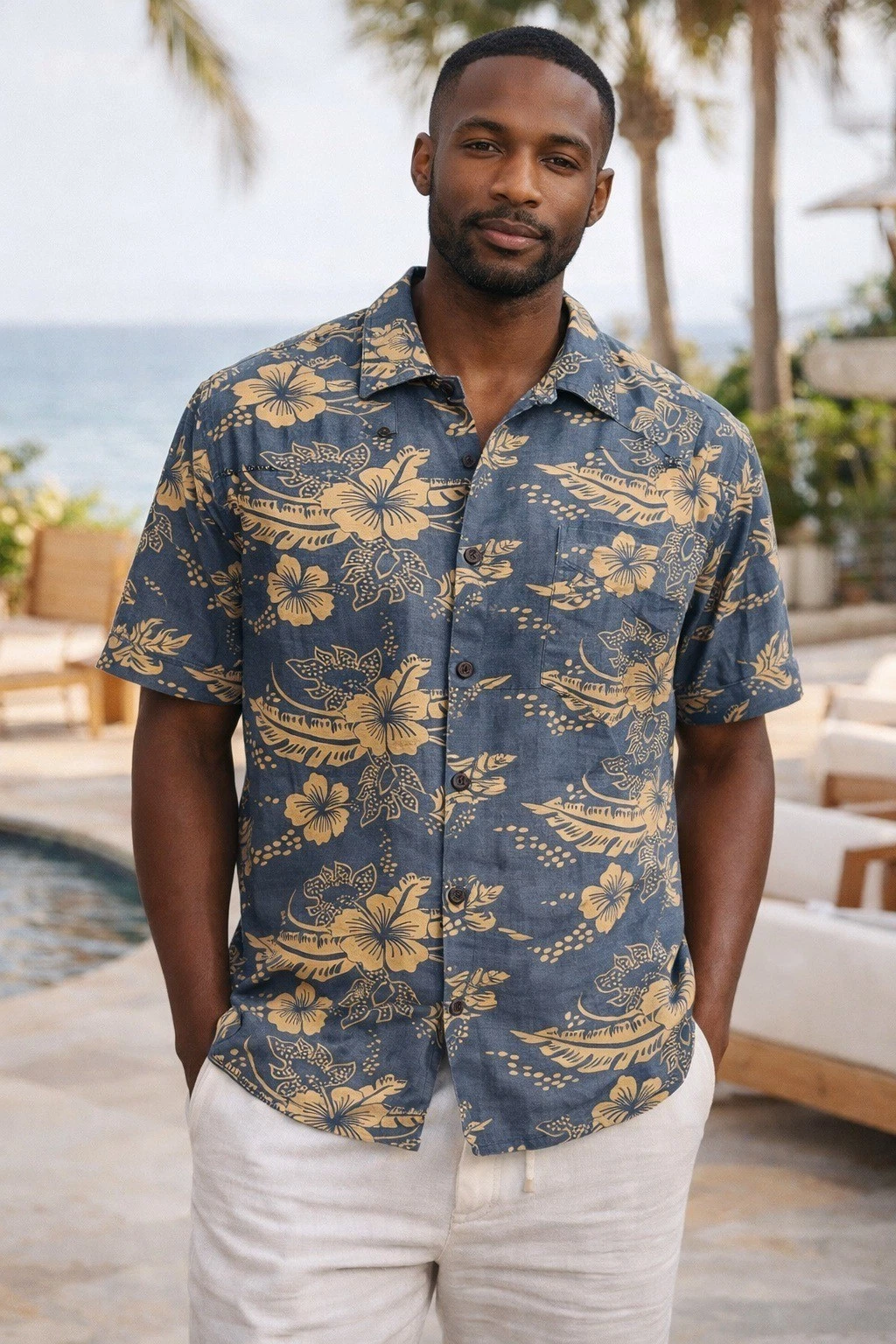 Rails Men’s Linen Shirt Large Blue Tan Floral Short Sleeve Resort Button Up