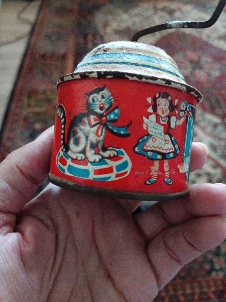 Jouet ancien Boite à musique Moulin musical,Lithographié Musicien,Chanteuse,Chat - Photo 3/4