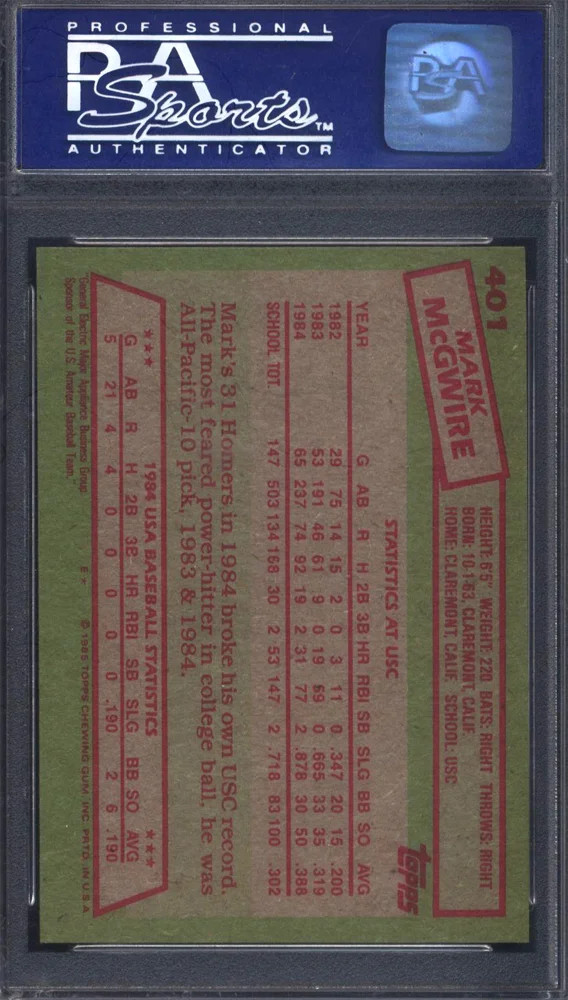 1985 Topps #401 Mark Mcgwire Rookie 1984 Usa Baseball Team PSA 9 view 2