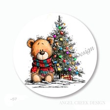 CUTE BEAR WITH CHRISTMAS TREE SCRAPBOOK STICKERS ENVELOPE SEALS HOLIDAY FAVORS