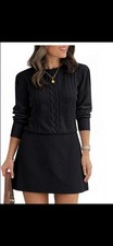 Saodimallsu Black Knit Fit & Flare Mini Sweater Dress OS Crew Neck Cable