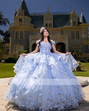 Sky Blue 3D Flower Ball Gown Quinceanera Dresses 2025 Appliques Beaded Ruffles