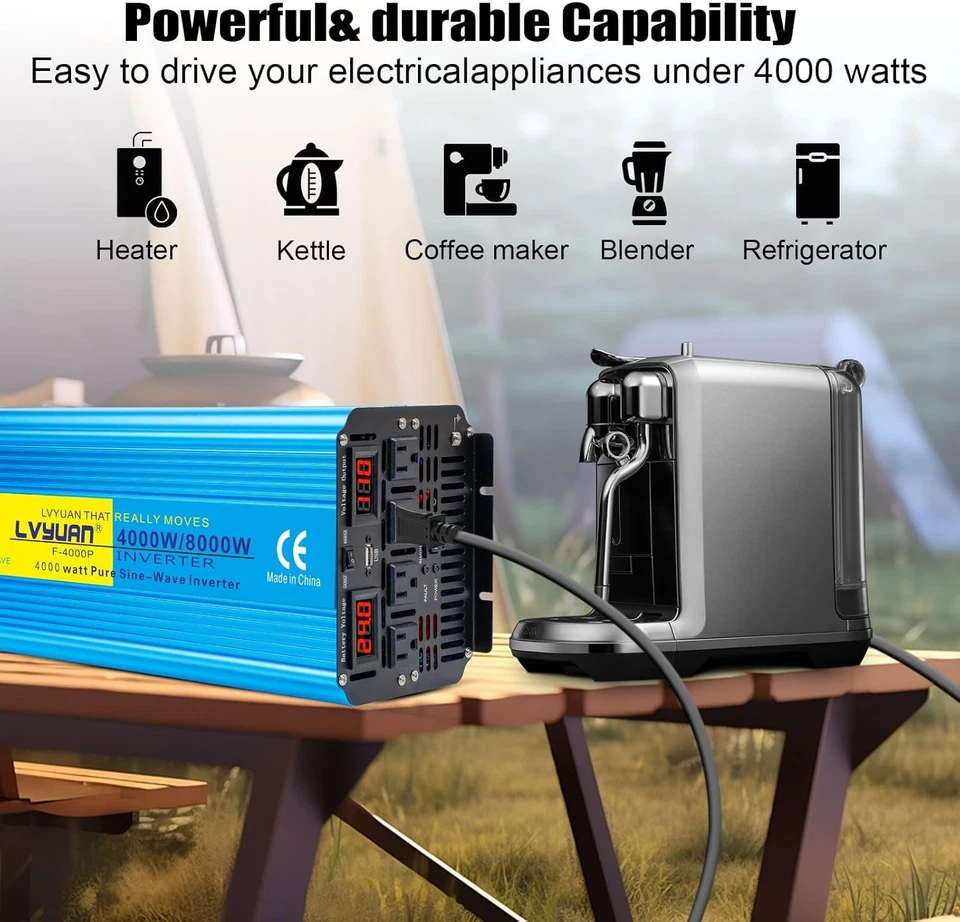 4000W 8000W Pure Sine Wave Power Inverter 24V to 110V Remote Control 3.1AUSB 4AC - Image 2 of 4