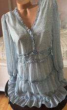 Altar'd State Mini Dress Womens L Blue & White Floral Long Sleeve Ruffle Lined