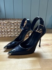 Alexander McQueen Black Leather Buckle Ankle Strap Stiletto Metal Toe Pumps EU38