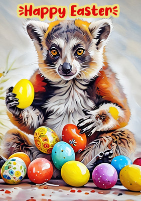 Frohe Ostern Grußkarte A5 leer innen Karten Fun Lemur mit Eiern Frühling UK
