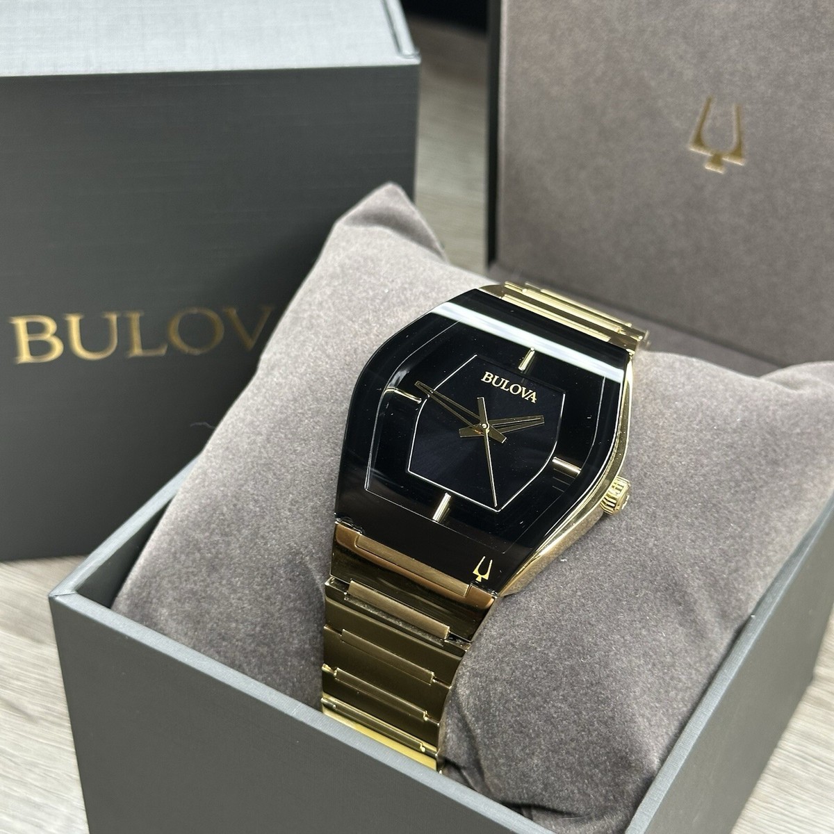 Bulova Gemini Black Dial Gold Tone Steel Elegant Men's Watch