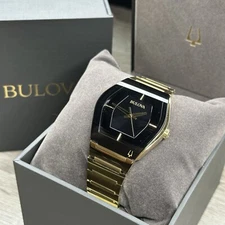 Bulova Gemini Black Dial Gold Tone Steel Elegant Men's Watch 97A164 $575