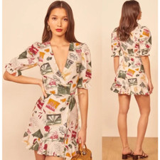 Reformation Carmelo Linen Wrap Mini Dress in Vacaciones Novelty Print