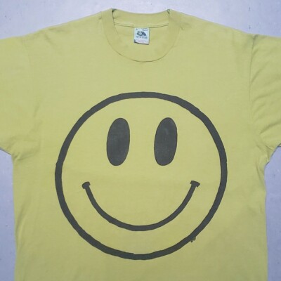 Vtg 80s SMILEY FACE Tshirt Single Stitch Nirvana Grunge Yellow Tee