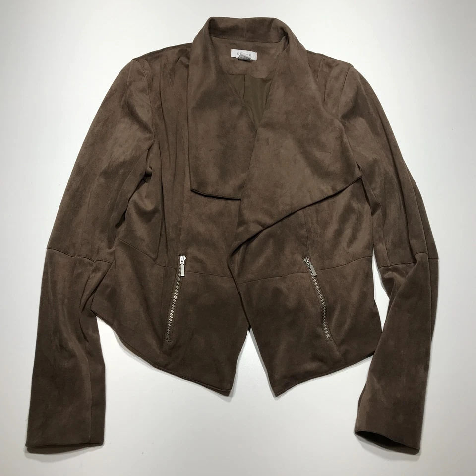 Kenar Jacket Womens Size Small Brown Open Front Cropped Wide Collar Zip Pockets - Image 2 of 4