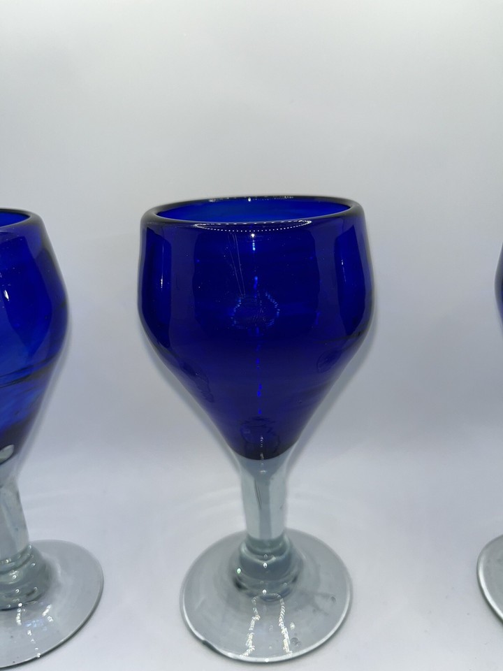 Set Of 7 VINTAGE HAND BLOWN COBALT BLUE WINE GLASSES 1970S Heavy eBay