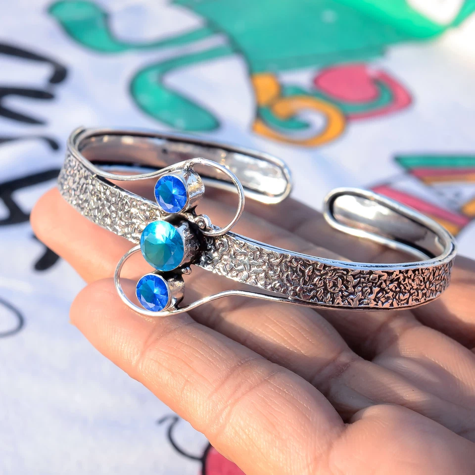 Brazalete brazalete de plata de ley 925 con topacio azul y piedras preciosas de tanzanita regalo por primera vez Foto 3 de 4