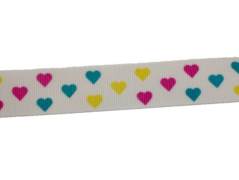Cinta de grosgrain corazones blancos verde azulado rosa amarillo 7/8" x 10 yardas poliéster B52 Foto 2 de 4
