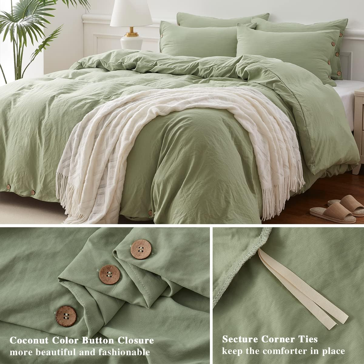 Sage Green Duvet Cover Set Queen Size with Buttons Closure, 3 Pieces