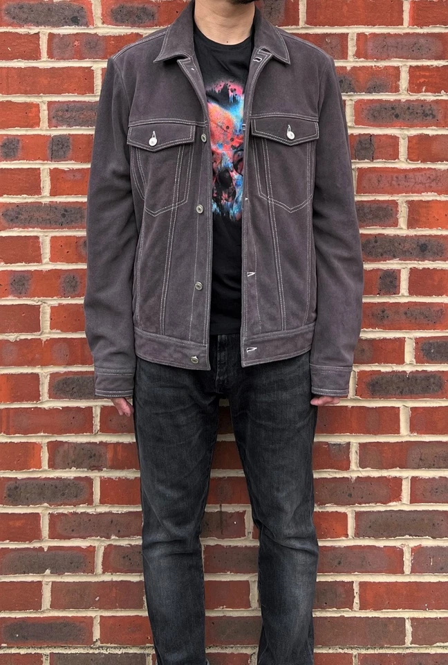 All Saints Mens INU Suede Trucker Jacket MEDIUM Denim style Biker Bomber - Image 2 of 4