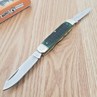 Marbles Jack Pocket Knife Mirror Finish Stainless Steel Blades Green Jigged Bone