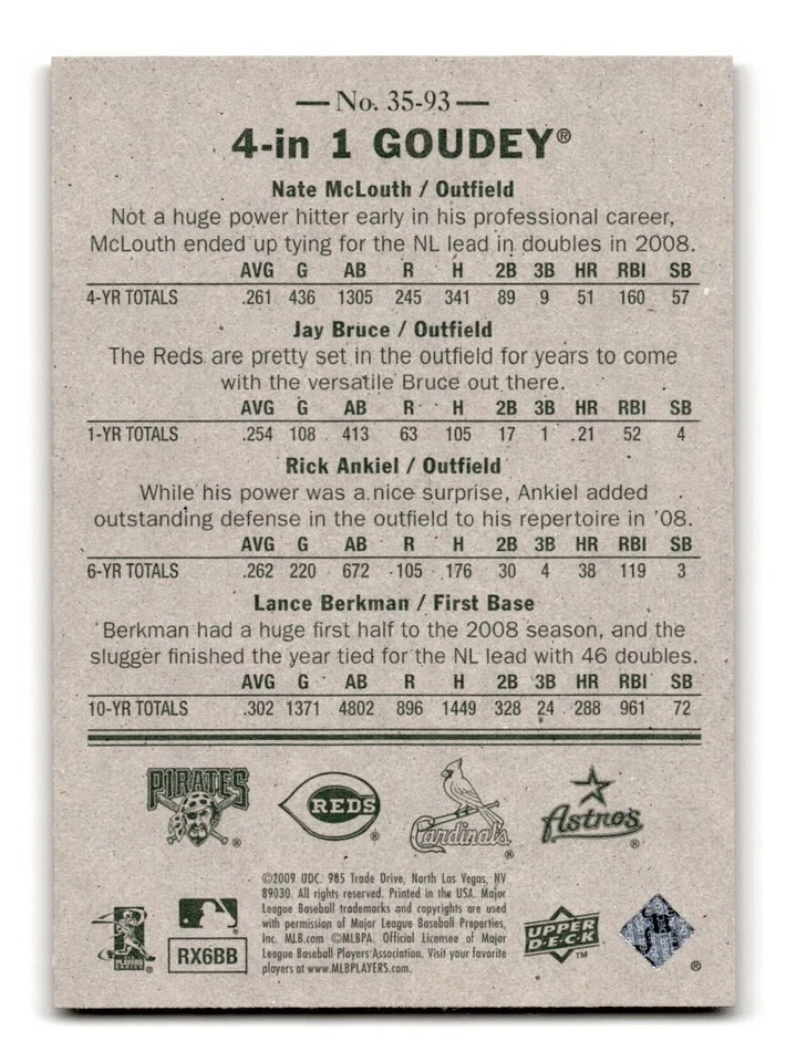 2009 Goudey 4-in-1 Red Nate McLouth Jay Bruce Lance Berkman Rick Ankiel #35-93 - Image 2 of 2