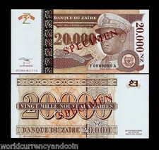 ZAIRE CONGO 20000 ZAIRES P-72 1996 x 1 Specimen LEOPARD MOBUTU UNC ANIMAL NOTE