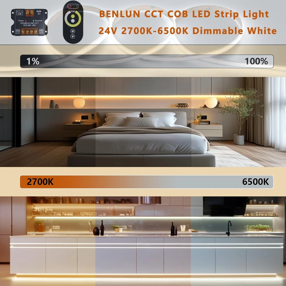 Striscia LED COB CCT 24V 20 Metri (10 Metri×2), 2700K-6500K Bianca Strisce LED D - Immagine 2 di 4