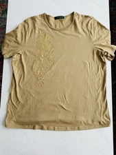 Lauren Ralph Lauren Women's Large Animal Design Gold Tan Cotton Top (#1045) 