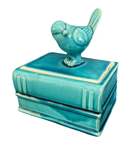 New Beautiful Glazed Turquoise Ceramic Trinket Box w/Bird Figurine On Lid 6x7