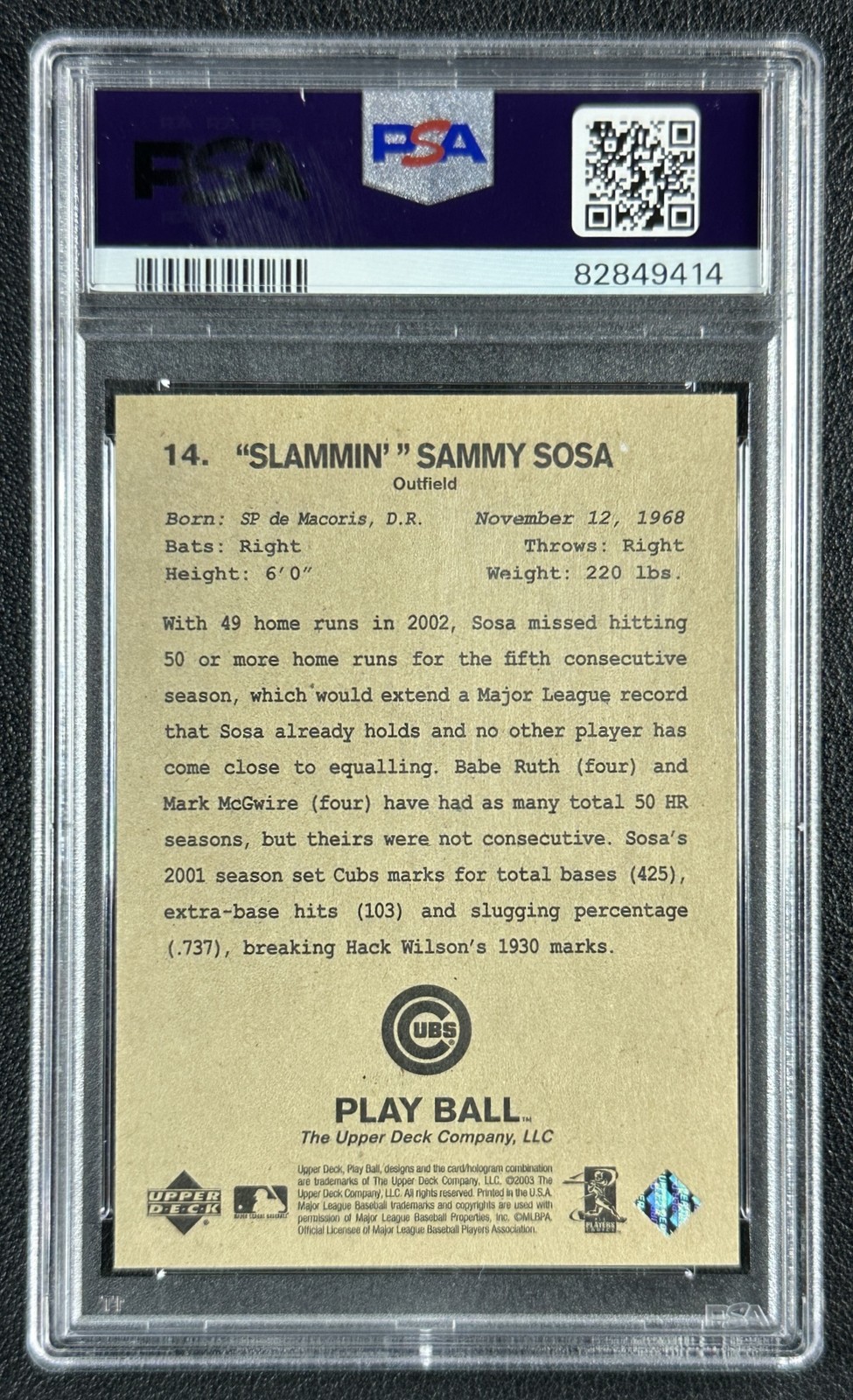 SAMMY SOSA PSA 9 2003 UPPER DECK PLAY BALL #14 CUBS 9414 view 2