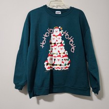 Vintage Jerzees Santa Claus Christmas Tree Sweatshirt Hunter Green XL Ho Ho Ho
