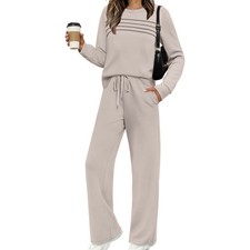 Women Beige 2 Piece Lounge Set Pleated Sweatshirt and Wide Leg Pants Set