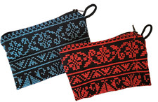 Embroidered Zip Pouch Cosmetic Bag Traditional Pattern Red or Blue Black Zipper