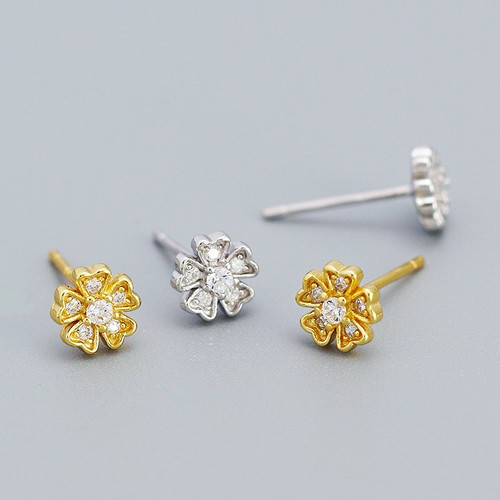 Gold Tone Flower Stud Earrings gold/silver CZ Cluster, Butterfly Back, 6mm