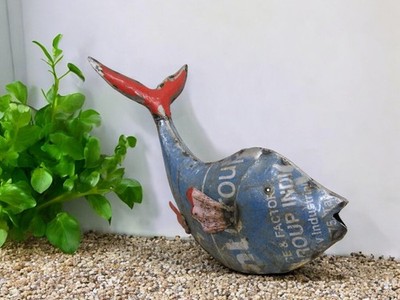 Rustic 13'' Long Repurposed Recycled Scrap Metal Blue/Green Tail Up Fish Statue 