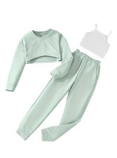 Girl 3 Piece Outfits Cute Long Sleeve Crop Top and Cami with Pants Workout Se...