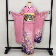 Furisode 6-piece set Japanese Kimono Pink Classic floral Free shipping S-209