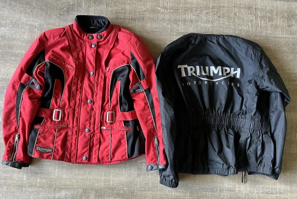 Triumph Motorcycle Armored Riding Racing Jacket sz M RED + rain cover Clean!! - Image 2 of 4