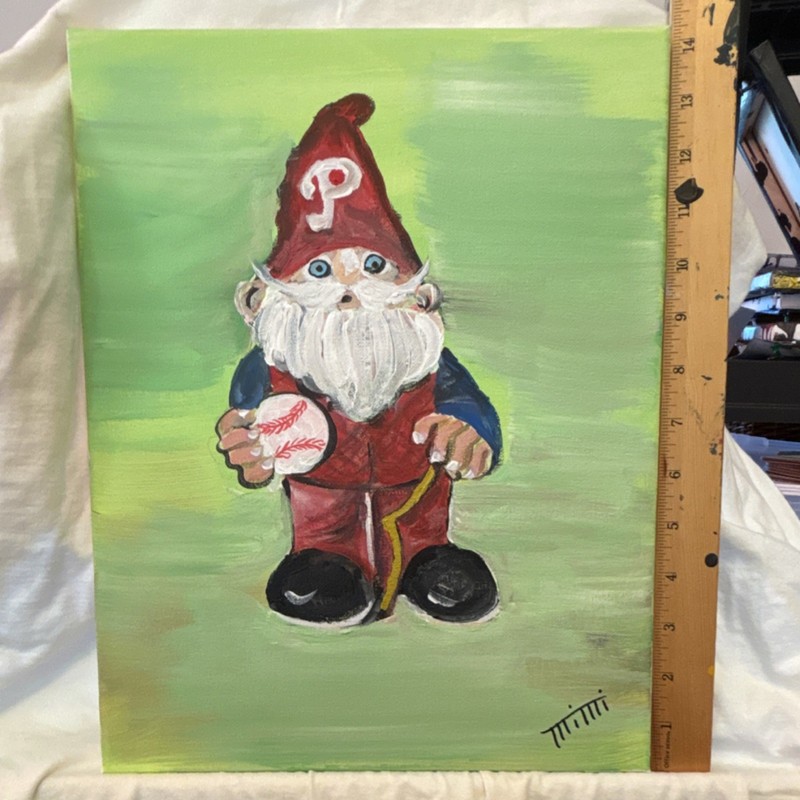 cartoon gnome baseball sports fantasy acrylic painting on canvas signed Mimi