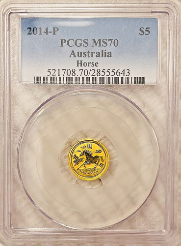 2014-P Australia $5 YEAR OF THE HORSE - GOLD 1/20 Oz PCGS MS70 🐴 🇦🇺