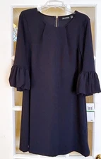 NWT Nina Leonard Size L Navy Long Balloon Sleeve Sheath Flare Knee Length Dress